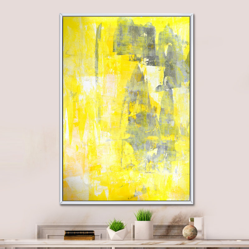 Gris et jaune fusionnant abstrait V - Peinture sur toile, H 36 po x l 24 po x P 1 po, Cadre flottant blanc