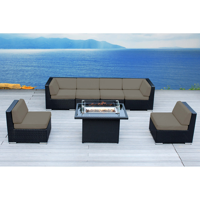 OceanCity 6 - Person Outdoor Seating Group with No Assembly Sectional and Fire Table, Sunbrella Taupe