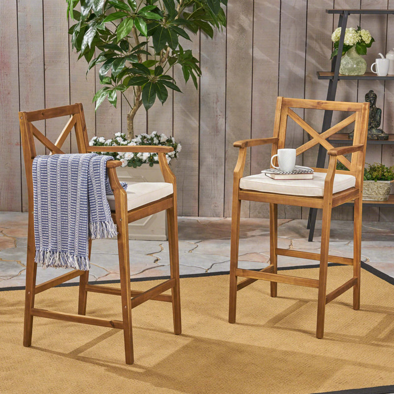 2-Pack Outdoor Acacia Wood Barstools with Cross-Back Design, Water-Resistant Cushions, 400 lbs Capacity, Blue, Natural