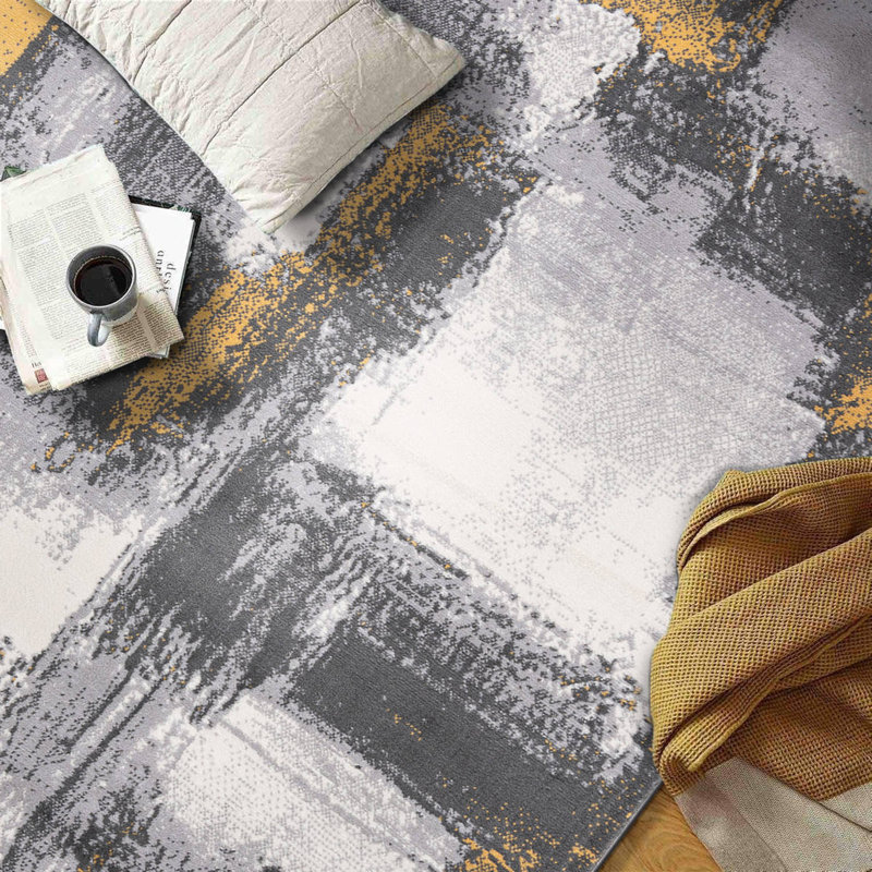 Demeko Abstract Machine Woven Polypropylene Performance Area Rug, Rectangle 5' x 7', Yellow