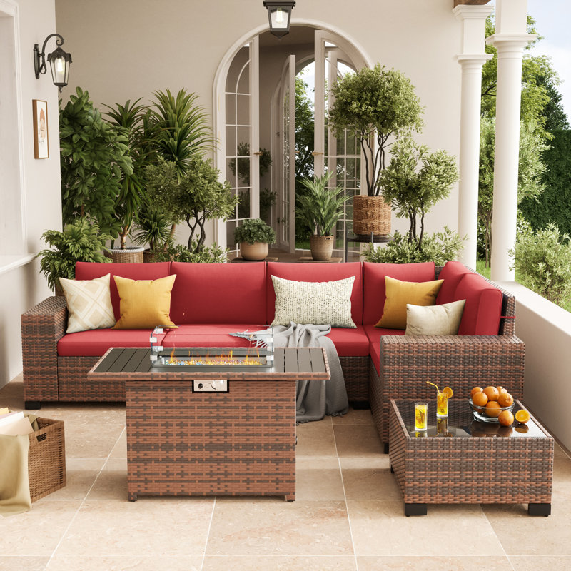 5 - Person Outdoor Rattan Sectional Seating Group with Fire Pit, Red Cushion/Brown Frame