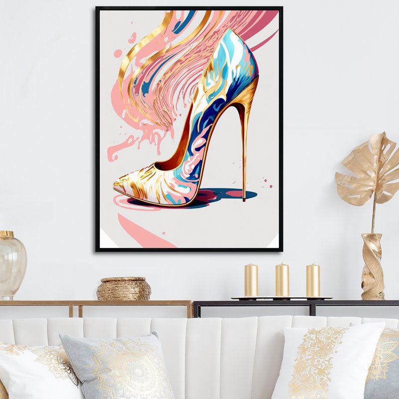 «Pink and Blue Deco High Heel Shoes I», impression sur toile, H 32 po x l 16 po x P 1 po, Cadre flottant noir