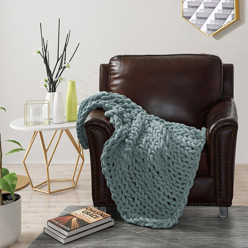 Seaside Blue Chunky Knitted Chenille Throw Blanket