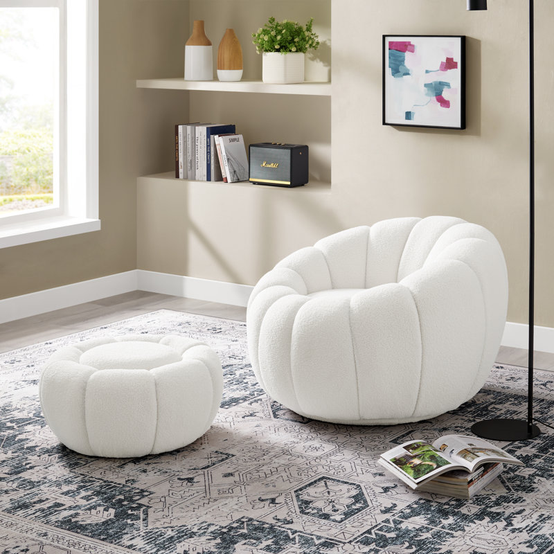 37" Pumpkin Plush White Sherpa Lounger & Ottoman Set