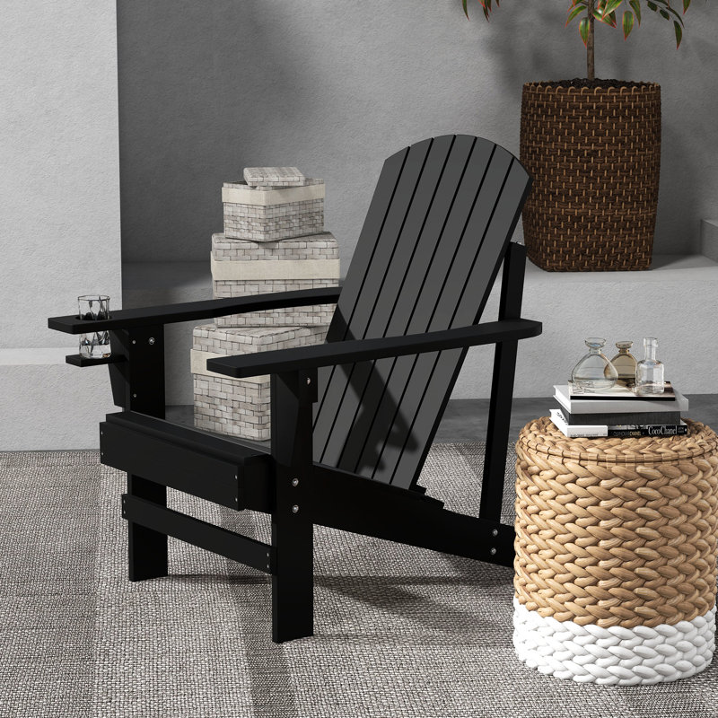 Wooden Chair, Outdoor Backyard Seat With Cup Holder. For Patio. Black. & Attractive Chair Backyard,