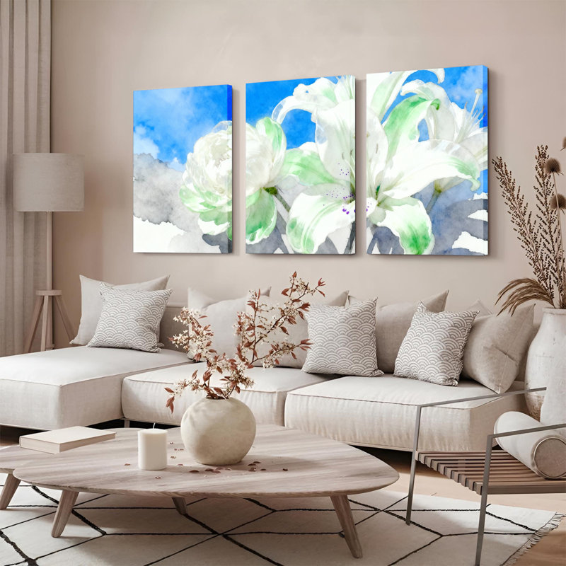 «White Lily and Peony», impression sur toile tendue à l'aquarelle (ensemble de 3), H 36 po x l 72 po