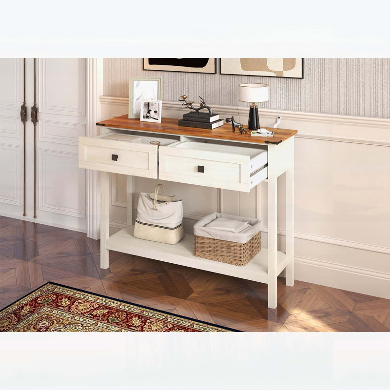 Console de style campagnard avec 2 tiroirs et tablette inférieure pour le vestibule, table d'appoint rustique avec rangement pour le salon, couloir (blanc antique)