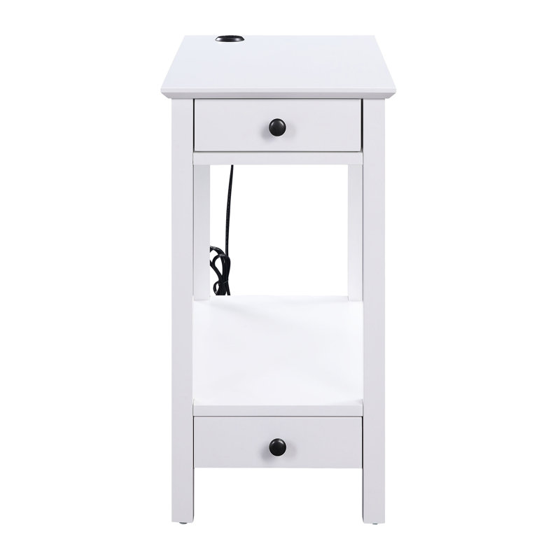 Table d'appoint rectangulaire blanche à 2 tiroirs et pieds carrés, ambiance chaleureuse