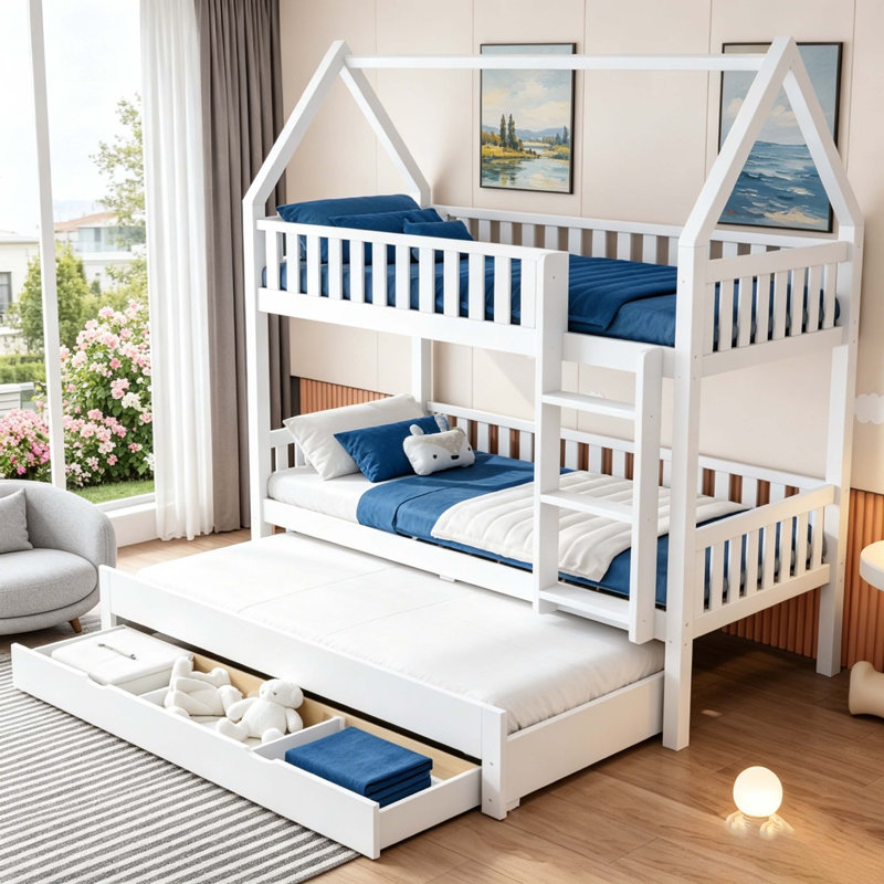 Lit superposé simple au-dessus de simple avec garde-corps, lit gigogne et 3 tiroirs de rangement, cadre de lit superposé en bois massif blanc pour enfants avec échelle pour la chambre à coucher