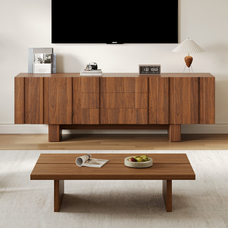 Mid-Century Modern TV Stand & Coffee Table Set, 71" Wood Media Console with Storage, 47" Low Coffee Table, 2-Piece Living Room Furniture Combo