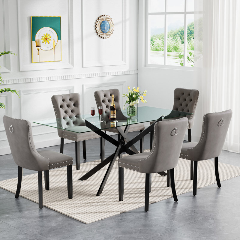 7 Piece Glass Dining Table Set for 6, Modern 60" Glass Kitchen Table with Metal Leg, Tufted Velvet Upholstered Dining Chair, Rectangle Dining Table and Chairs Set for Kitchen