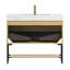 Meuble-lavabo de salle de bain 36 po YOLAN, armoire de rangement autoportante en contreplaqué rayé avec tiroir et tablette ouverte, plateau en pierre frittée blanc de Carrare et lavabo en céramique encastré, pré-assemblé, grain de bois de chêne Corolla