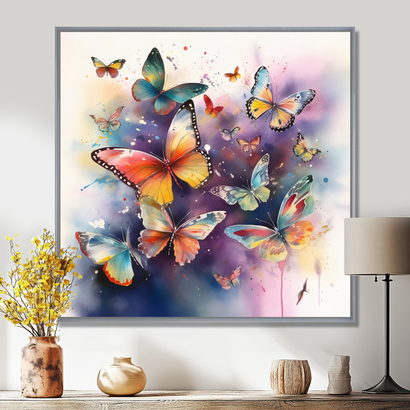 «Purple Butterflies In The Air», reproduction d'art sur toile, H 36 po x l 36 po, Encadrement argenté