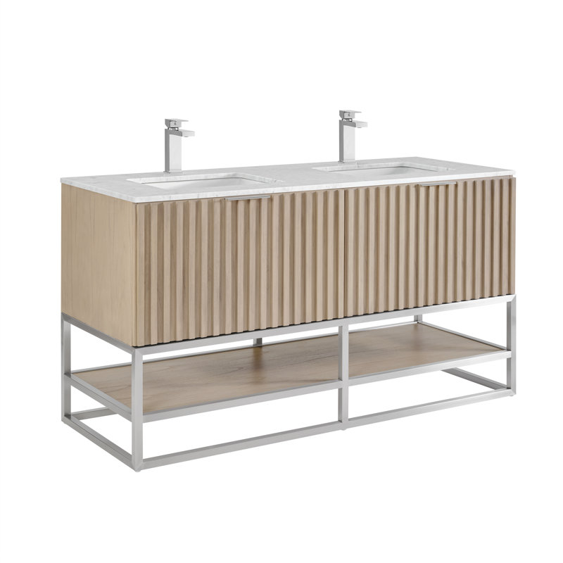 Terra 60'' Double Bathroom Vanity with Top, Carrara Marble/Single Faucet Mount, Cashmere Gray, Brushed Nickel