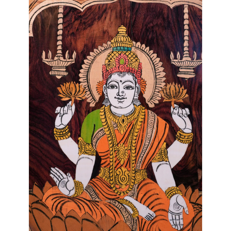19" Goddess Lakshmi Wall Panel – Handcrafted Mysore Rosewood Inlay Art, Prosperity Symbol, Natural Finish, Spiritual Home Décor