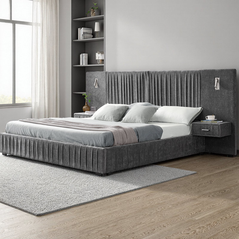 Queen Size Upholstered Platform Bed with Headboard & Built-in Nightstand, Chenille Fabric Bed Frame with Adjustable Bedside Lamps and Storage, No Box Spring Needed