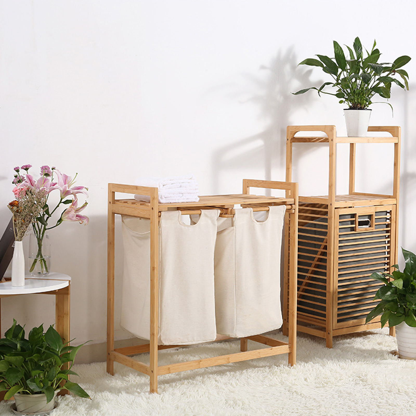 Rebrilliant Bamboo Laundry Basket Organizer Cabinet | Wayfair
