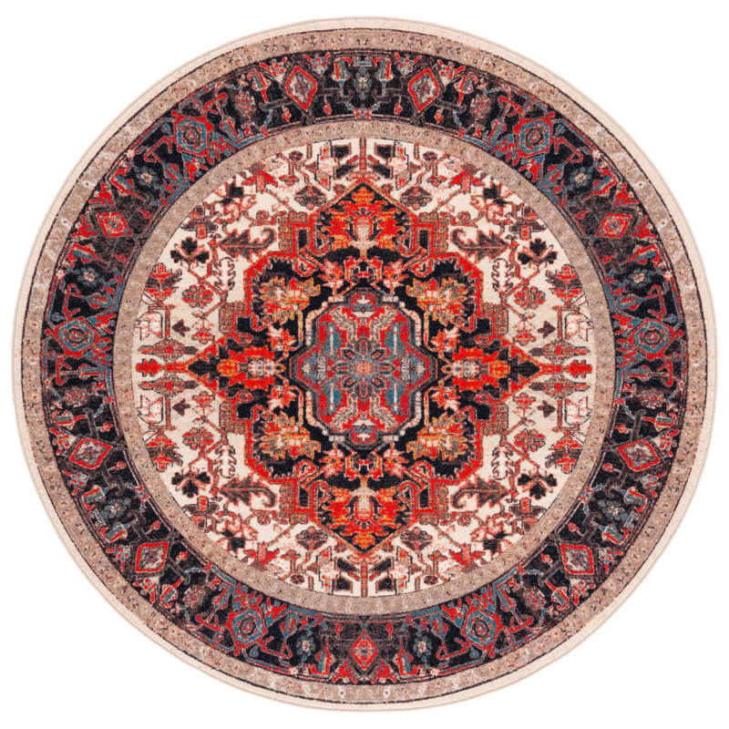 Chesnut Oriental Power Loom Ivory/Red Area Rug, Round 6'7"