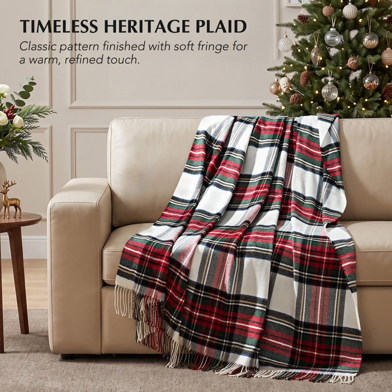 EverGrace Holiday Plaid Brushed Throw Blanket, 60*80inch, White Christmas Stewart Plaid