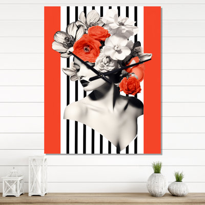 Red Vintage Minimalism Geometric Floral Woman - Fashion Woman Vintage Wall Clock