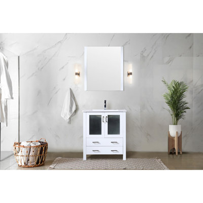 White 30 In. Wide Vanity For Bath, 18.25 Deep, Ceramic Top, 28 Mirror, Soft - Close Function, Storage Cabinet, Long Lasting And Stain Surface Bath Vanity, Drawers, Storage, Countertop