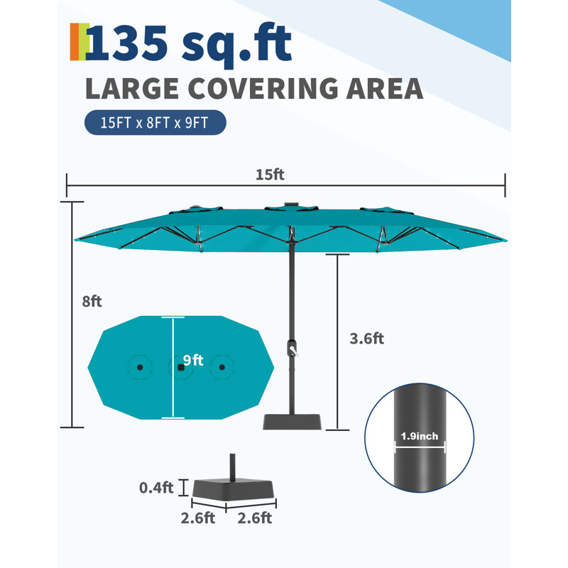 Grand parasol de patio 15 pi avec base et lumières solaires, parasol rectangulaire surdimensionné pour 8 à 10 personnes, 36 lumières DEL et base lestée pour piscine, terrasse, cour, bleu brumeux