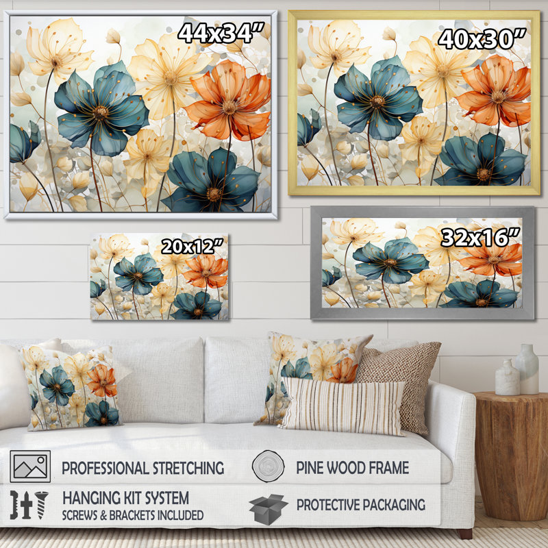 «Teal Orange Petal Mosaics I», art mural abstrait botanique pour le salon, H 24 po x l 32 po, Brun