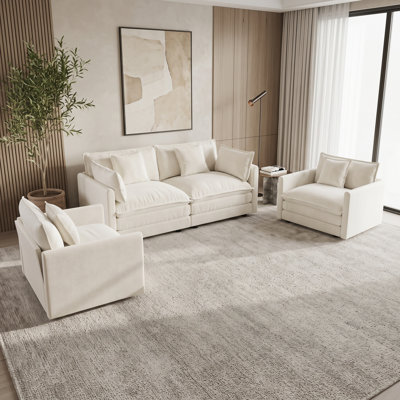 3-Piece Living Room Set with Loveseat and 2 Accent Chairs, Richly Textured Upholstery, Cream White