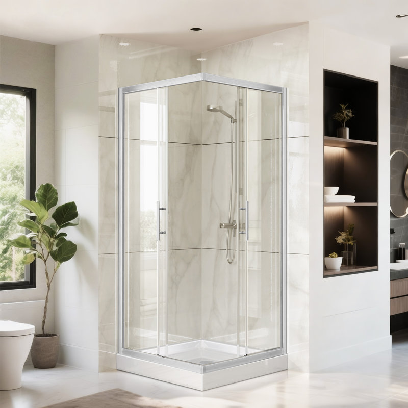 33 7/8" D x 33 7/8" W x 72" H Corner Pivot Shower Door with Adjustable Guide rail,Quick Release Function & Easy-Clean Coated 1/4" (6mm) ANSI Certified Tempered Glass, Brushed Nickel Aluminum Frame