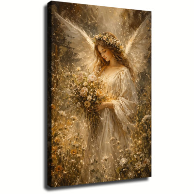 Ange doux tenant un bouquet de fleurs sauvages dans une forêt lumineuse, peinture à l'huile vintage, art mural sur toile pour chambre