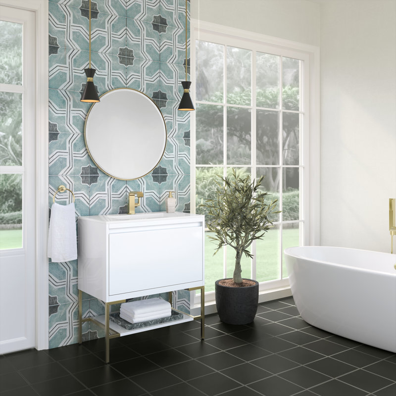Mantova 31.5'' W Single Vanity, Glossy White/Champagne Brass, Charcoal Black