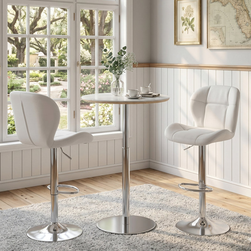 Ensemble de table et tabourets avec 2 tabourets de bar en cuir, Argent, blanc
