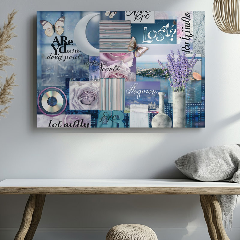 Toile un collage vibrant mettant en vedette un tableau de teintes mauves mettant en vedette des papillons délicats flottant au-dessus de tendres impressions sur toile florales