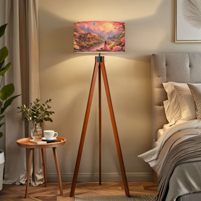 Tripod Standing Lamp Fantasy Cottage Pink Cherry Blossoms Mountains Magical Sky Remote Controlled Dimmable LED Floor Lamp with Beech Wood Legs & Detac
