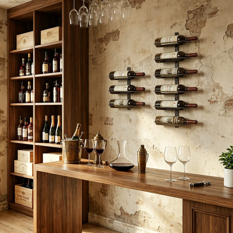 Le support à vin mural peut contenir 9 bouteilles - Support de rangement en métal robuste pour bouteilles de vin, de champagne et de spiritueux - Solution compacte pour le bar, la cuisine, la salle à manger ou la cave