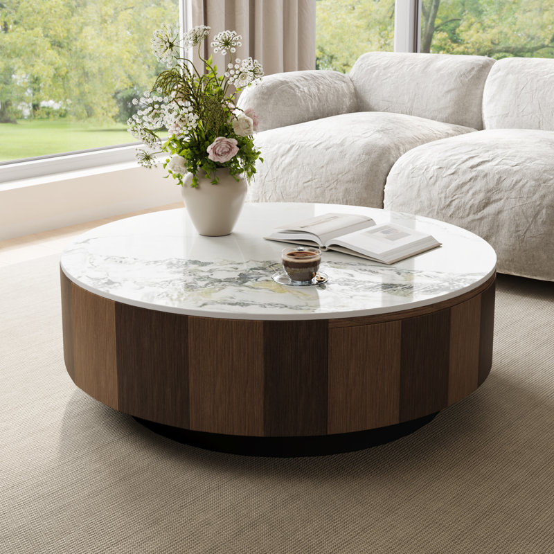 35.5" Modern Round Coffee Table, Glossy White Sintered Stone Table top, Brown Solid Wood Coffee Table for Livingroom