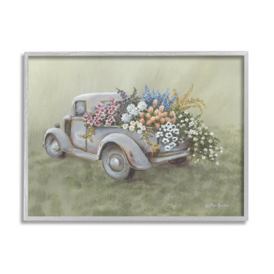 «Farmhouse Flower Buggy Car» par Pam Britton - peinture à cadre flottant sur bois