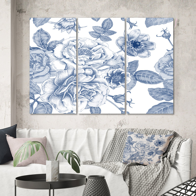 «White Vintage Flowers On Classic Blue II», reproduction d'art sur toile, H 40 po x l 60 po x P 1 po