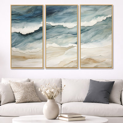 Bleu moderne et beige sable, vue aérienne III - ensemble de reproduction d'art sur la plage côtière
