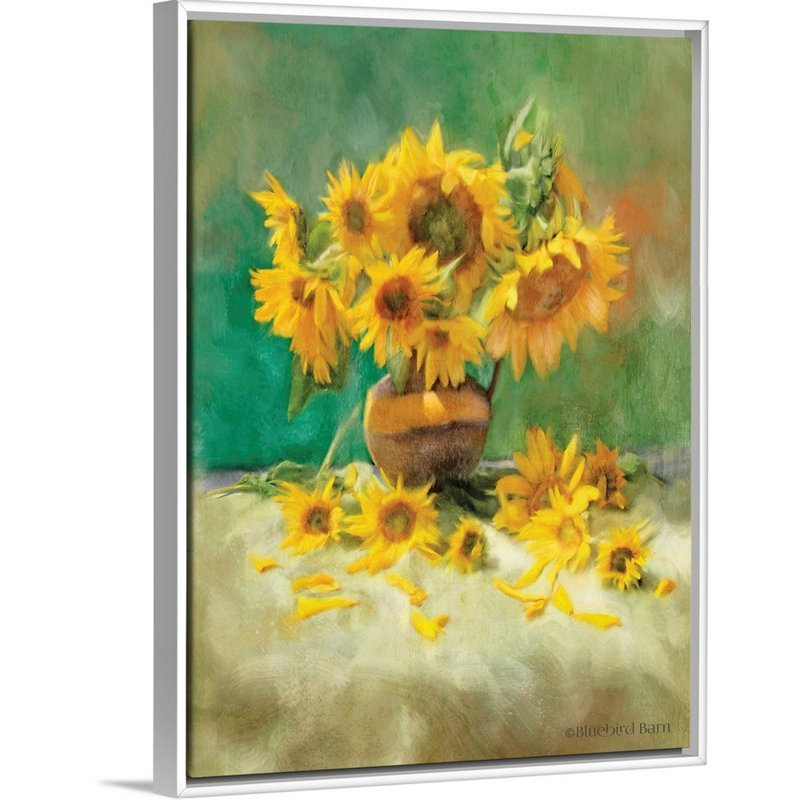 «Sunflower Scatter Still Life», art mural sur toile, Cadre blanc, H 24 po x l 32 po x P 1,75 po