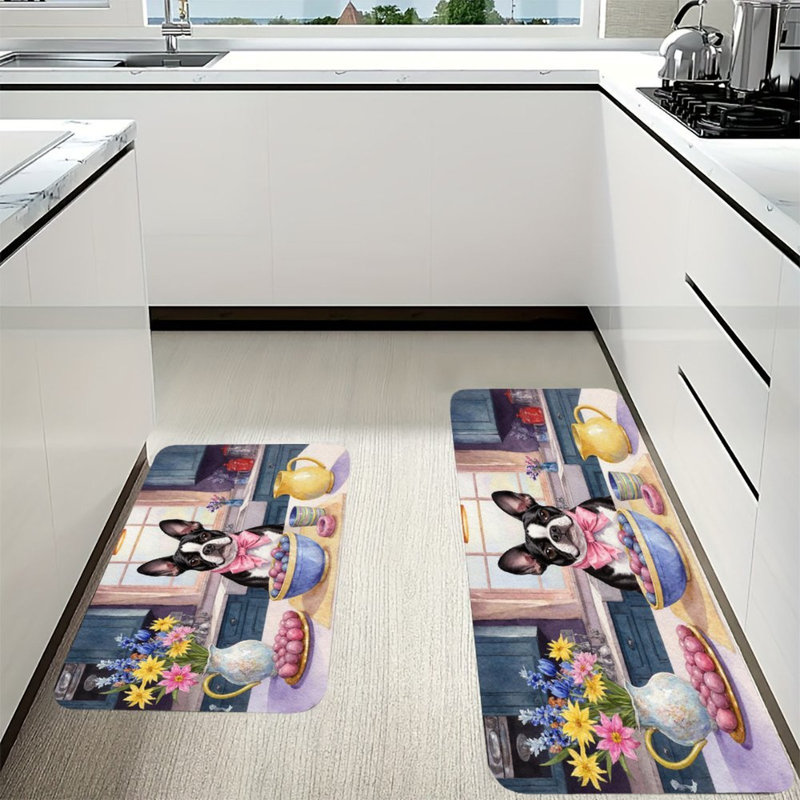 Boston Terrier in Kitchen, 2 Pcs Non Slip Kitchen Mats