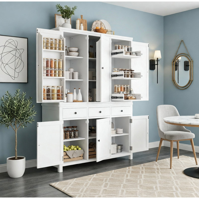 Garde-manger autoportant avec tablettes de porte et plateaux coulissants, Blanc