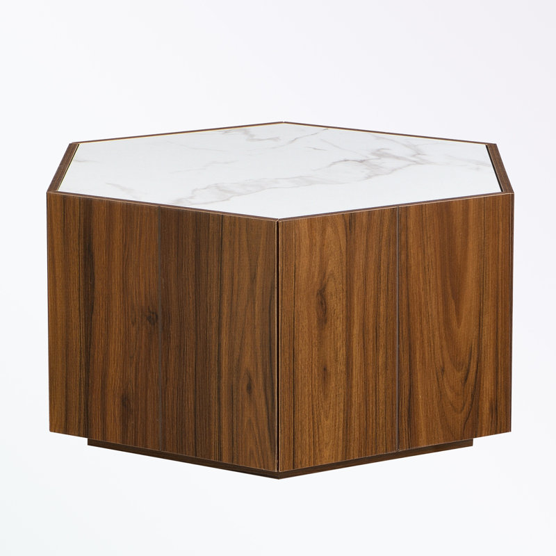 Table basse avec 2 tiroirs cachés, Plateau blanc / base noyer