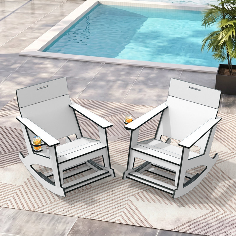 Ensemble de 2 chaises berçantes d'extérieur en PEHD surdimensionnées avec dossier large et repose-pieds rétractable, Blanc