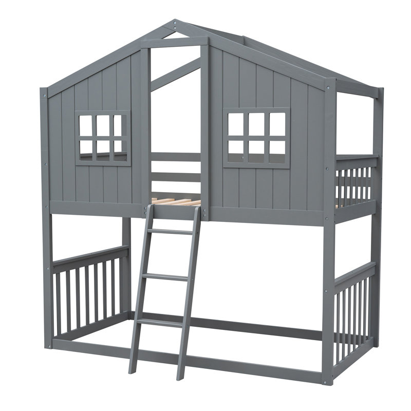Lit superposé simple au dessus d'un lit simple avec échelle, lit en bois, Gris