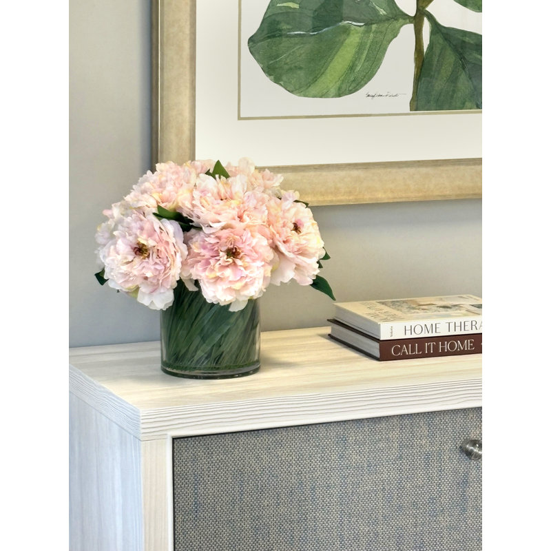 Faux Peony Arrangement in a Glass Vase, Light Pink