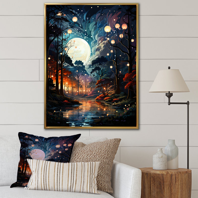 «Moonlight River Into The Forest II», art mural forêt et rivière, Cadre flottant doré, H 40 po x l 30 po x P 1,5 po
