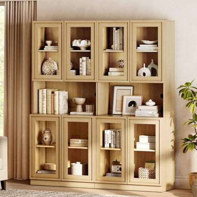 Bibliothèque moderne de 183 cm de haut avec portes vitrées et étagères réglables, meuble de rangement fermé et étagères vitrées, bibliothèque en bois pour bureau ou salon.