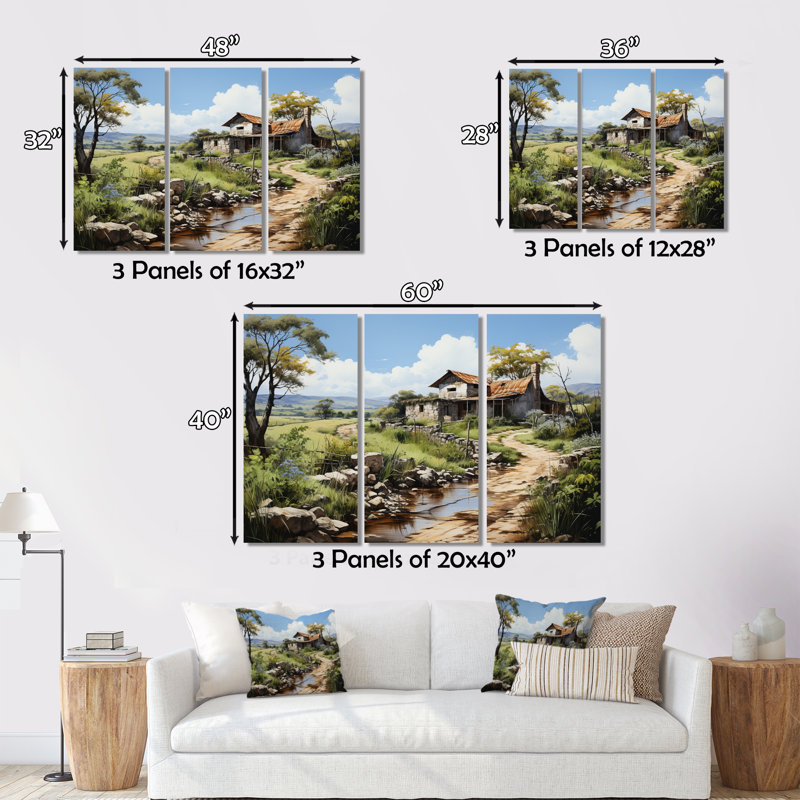 Chemin de campagne dominicain sur 3 pièces, reproduction sur toile, H 28 po x l 36 po x P 1 po
