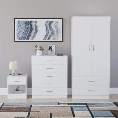 Maybery 3 Piece Bedroom Set (1 Drawer Bedside Chest, 5 Drawer Chest, 2 Door 2 Drawer Wardrobe), (4)